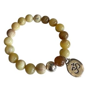Yellow Aventurine Bracelet | 10mm Beaded Stretch | Sterling Silver Om Charm